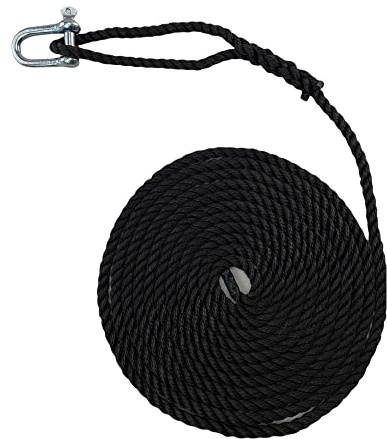 2 x 20mm Black Softline Mooring Ropes x 13m C/W 10inch Soft Eye & Galvanised Shackle, Warps, Boat Line - RopeServices UK