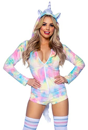 Leg Avenue Comfy Unicorn, features ultra-soft velvet plush zip up rainbow tie-dye romper with horn hood, furry main and tail, and magical mini wings.
