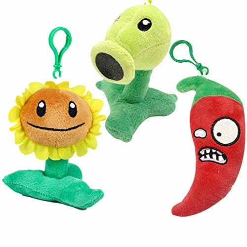 3 PCS Plants VS Zombies Plush Zombies Keychain Sets Toys Stuffed Soft PVZ Figure Doll Sunflower, Green Pea, Red Pepper Pendant, Great Gift for Christmas, Birthday New