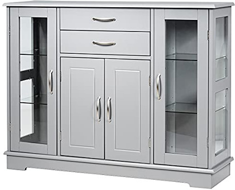 TANGZON Storage Cabinet, Sideboard with 2 Glass Doors, 2 Drawers & Adjustable Shelves, Wooden Buffet Cupboard for Kitchen, Dining Room and Living Room (Gray)