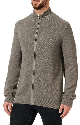 GANT Cardigan in piqué con Cerniera Maglione, Grigio Scuro mélange, XXL Uomo
