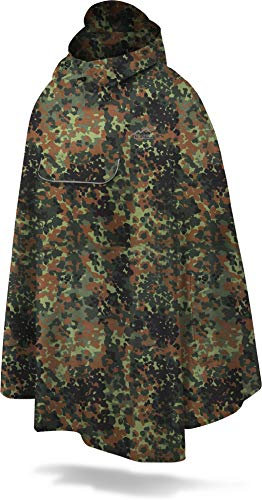 normani Unisex Regenponcho - Wind und Wasserdicht mit Bauchtasche, 3M Refelktoren und seitlichen Eingriffen Farbe Fleck-Tarn Größe L-XL