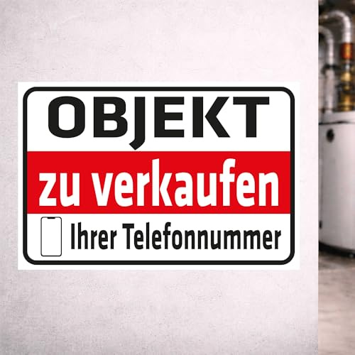 INDIGOS UG - Aufkleber Objekt zu verkaufen - mit Ihrer Telefonnummer - 400x300 mm - Hinweisschild Warnschild Sicherheitsschild - Sticker - für Innen und Außen