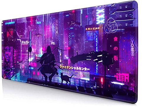 LTHAOGUO Gaming Desk Mat Purple, Japanese Warrior Extended Mousepad, Tokyo City Neon Signs, Vaporwave Decor, PC Gaming Matt, XL Deskmat Aesthetic Mouse Pad