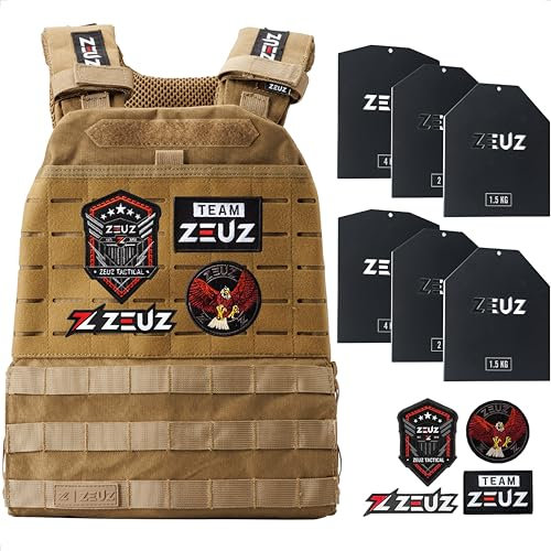 ZEUZ Verstellbare Gewichtsweste 16,5 KG für Fitness, Calesthenics & CrossFit - Weights Plattenträger, Taktische Weste, Plate Carrier & Tactical Gewicht Vest - Enthält 4 Patches - 19 Gewichte (Beige)