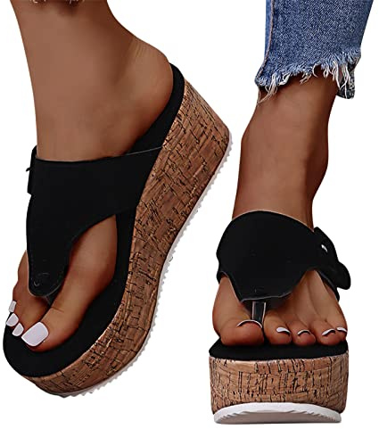 Schlappen Damen Sommer Bequem Weiß Hausschuhe Sommer Keilabsatz Elegant Sommerschuhe Keilabsatz Schuhe mit Fussbett rutschfest Zehentrenner Sandalen Flip Flops Zehensandalen Plateau Schuhe