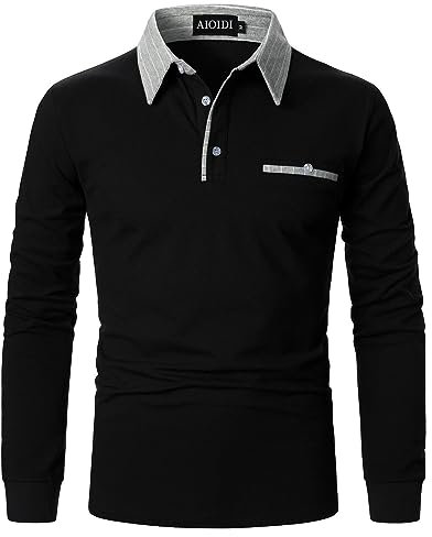AIOIDI Men's Long Sleeve Polo Shirts Contrasting Colors Work Cotton Breathability Golf Tennis T-Shirt Black M