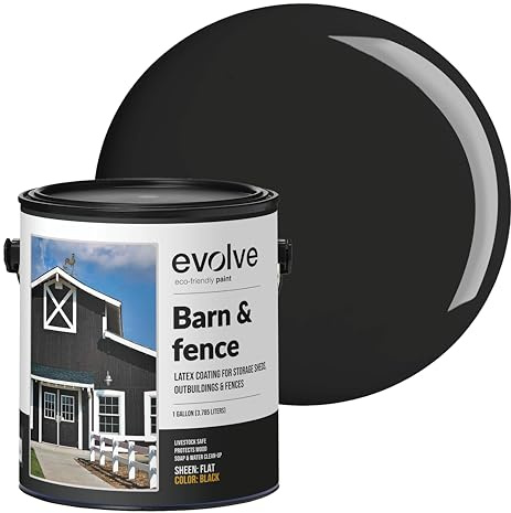 EVOLVE Barn & Fence Paint, Flat (Black), 1 Gallon – Durable Scratch-Resistant Wood Coating for Outbuildings & Fences, Fast-Dry Water-Based Formula