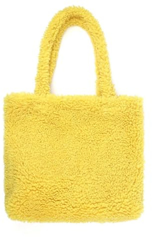 Made in Italy Damen Teddyfell Tasche Shopper Tote Bag Handtasche Plüsch Schultertasche Teddytasche Pelz Damentasche Felltasche Wintertasche Gelb