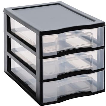 SUNDIS Tag Tower, schubladenbox aus Kunststoff, Schwarz, 3 transparente Schubladen im Format A6, Höhe 17 cm, stapelbar, ideal zur Aufbewahrung von Kosmetika, Schmuck, Accessoires, Vorräten