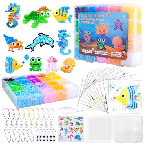 Wzone 7000 Perles à Repasser Kit, Perles De 5mm Avec Boîte De Rangement, Plaques De Per les à Repasser, Pince à épiler, Images Couleur 1:1 pour Bricolage 12 Modèles de Créatures Aquatiques