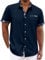 Men's Short Sleeve Linen Shirt Hawaiian Summer Slim Fit Patterned Blue L