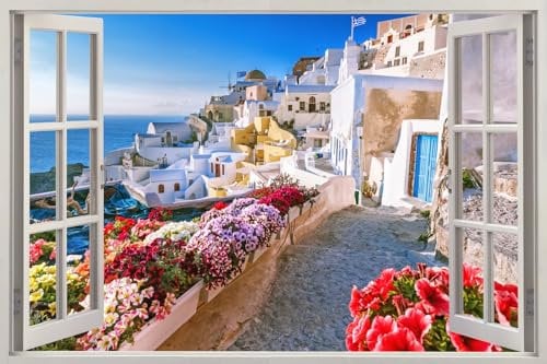 HUBDECO - Wandtattoo - Wanddeko - Selbstklebende Folie - Fototapete - Wandsticker - Fototapete 3d Effekt - Selbstklebende Tapete - Fenster & Stadt Motiv - Griechenland, Santorini, Meer - 90x60cm
