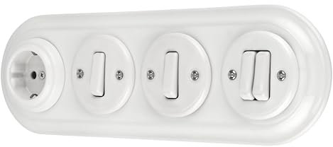Unterputz Porzellan Retro Steckdose, Schalter, 4-fach, All-in-One, SET Serie PR1 weiß