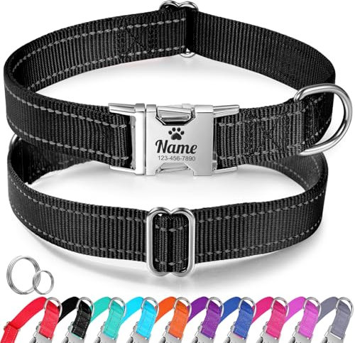 Personalisiertes Hundehalsband für mittelgroße Hunde – Reflektierendes Hundehalsband aus Nylon mit eingraviertem Namen und Telefonnummer, verstellbares Haustierhalsband