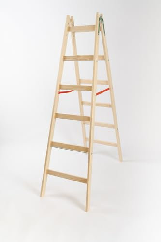 LADDERMAN Stabile Malerleiter 6 Stufen - Praktische Holzleiter, Indoor Outdoor Klappleiter mit Eimerhaken, Roten Sicherheitsgurten, Verstärkt, Breiten Sprossen - Zertifiziertes Kiefernholz