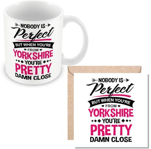 MUGGZ Mug & Card Gift for Yorkshire - Nobody's Perfect But When You're from Yorkshire You're Pretty Damn Close! - Giftset - Made in The UK