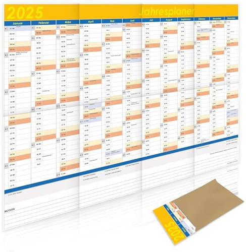 Din A1 Wandkalender für 2025, Plakatkalender, Jahresplaner, Planer, (59,4 cm x 84,1 cm), Kalender, bspw. für Büro, Arbeit, Schule,Monatsplaner, Familienkalender, Jahreskalender, gefaltet