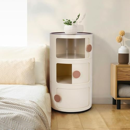 petour Round Bedside Cabinet Round Nightstand Nordic Table with Sliding Doors RoundStorage Cabinet Nightstand for Bedroom, Living Room (3 Drawers)