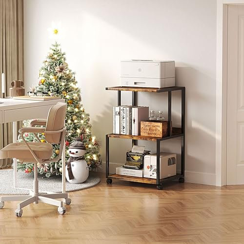 Druckertisch, Druckerständer mit arretierbaren Rädern, Druckerwagen rollbar mit 3 Ebenen, Holz & Metallkonstruktion Druckerhalter sind robust und einfach zu montieren, 30 x 44 x 65 cm, Braun