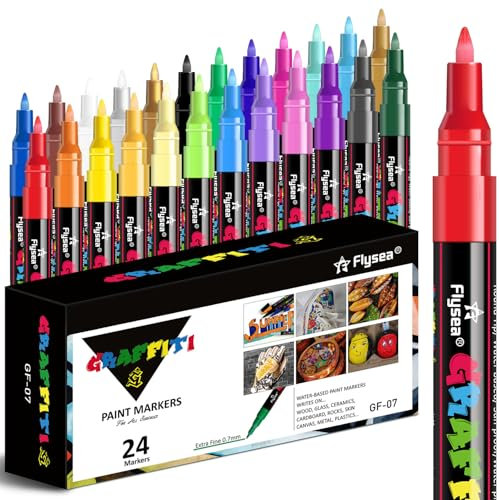 Alitastro 24 Acrylic Paint Pens - Waterproof Fabric Paint Markers Acrylic Markers for Rock Painting, Glass, Wood, Stone, Canvas, Metal, Arts and Crafts for Adult, 0.7mm Extra Fine Japanese Tip