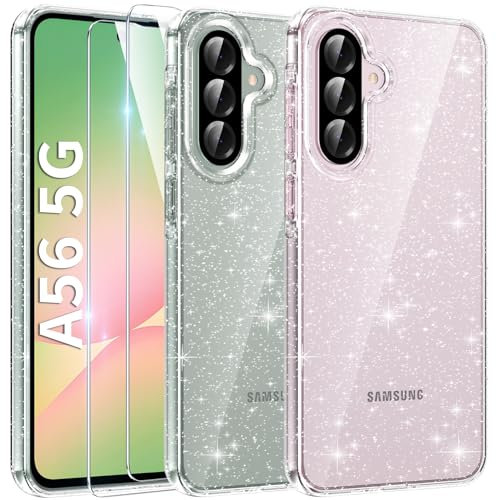 AROYI 3 in 1 Klar Glitzer Handyhülle Kompatibel mit Samsung Galaxy A56 5G Hülle Glitzer mit 2 Stück Schutzfolie, Handyhülle Samsung A56 Transparent Weiche TPU Silikon Case [Anti-Yellowing]