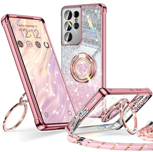 XYZ für Samsung Galaxy S21 Ultra Hülle mit Band, Herzen Doppelring Ständer Luxus Glitzer HandyHülle Kameraschutz, Frauen Stoßfest Elektroplattiert Soft TPU SchutzHülle Samsung S21 Ultra Case,Roségold