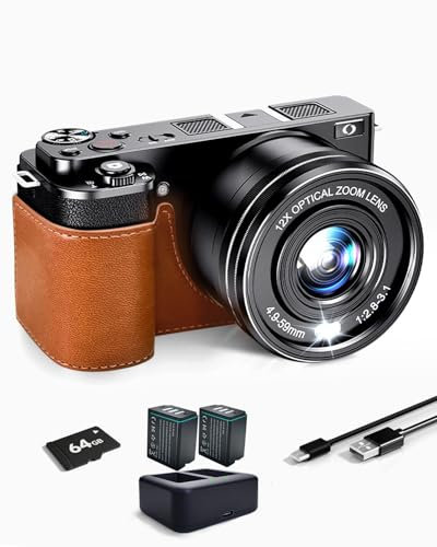 SWE Digitalkamera 4K 64MP Digital Fotokamera mit 12X Optischer Zoom und WLAN, Autofokus Digitale Kamera Kompakt mit Schutzhülle, 64G Speicherkarte, 2 Akkus und Ladegerät für Einsteiger Hobbyfotograf