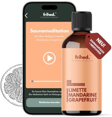 frihed.® Bio Saunaaufguss Limette, Mandarine & Grapefruit mit App Meditation - Hochkonzentriertes Saunaöl - klärend - Langanhaltender Duft - Made in Lüneburg