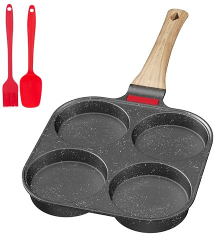 Traxenta Poele a Pancake, Poêle à Pancakes et Omelette de 4 Emplacements avec Poignée Amovible, Pour Petit-déjeuner Oeuf Au Plat, Compatible Gaz et Induction, Grise, Antiadhésive en Aluminium