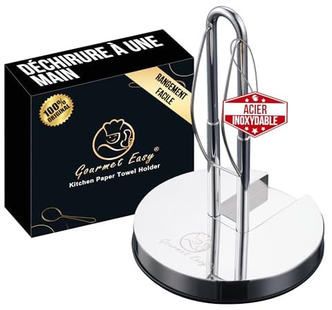 Gourmet Easy Porte-Essuie-Tout INOX Debout, Pliable, Gain de Place | Antidérapant, compatible avec différentes tailles de rouleau, pour essuie-tout et papier cuisine, échange 5 ans.