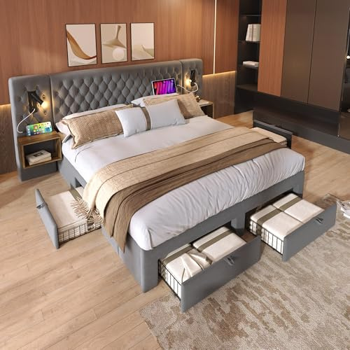 Kebnor Bettanlage Schlafzimmer Komplett Set, Polsterbett Doppelbett mit 2 Nachttischen und 4 Schubladen, Kopfteil Leselicht mit USB Ladefunktion, Samt (Ohne Matratze) (Grau, 160×200 cm)