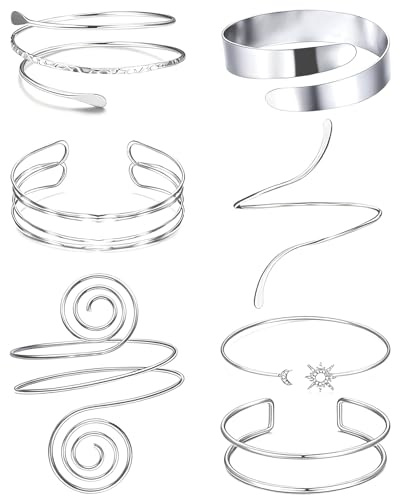 iuiiaii 7 Pcs Arm Cuff Silver Set, Silver Arm Cuffs Bracelet Adjustable Open Jewellery Simple Stylish Bracelet or Women Party Holidays, Birthday Gifts and Daily Fashion