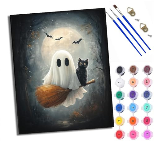 WXRWANG Paint by Number for Adults Beginner Canvas Ghost Black cat Riding a Broom Choice for Birthday Anniversary or Any Festival DIY Acrylic Painting Kit for Room Decor 16x20 inch Frameless