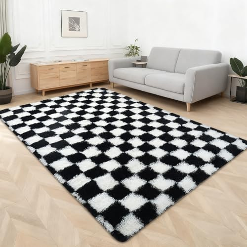 YNNHUDEEP Tapis à poils longs à carreaux pour salon, lavable, antidérapant, extra large, moelleux, pour chambre à coucher et chambre d'enfant, noir et blanc