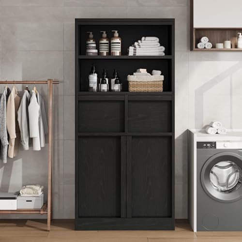 Niwugady Badezimmerschrank, Badschrank Hochschrank mit 2 Türen & 2 Offenen Fächern & 2 Offenen Ablagen, Platzsparender Badezimmer Hochschrank für Bad, Küche, Wohnzimmer, 60x30x130 cm, Schwarz