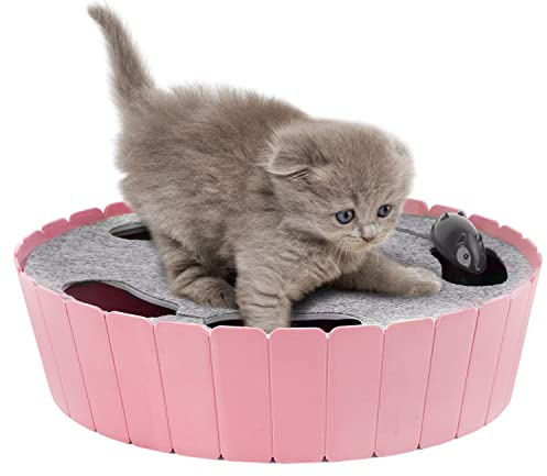 Pawaboo Interactive Cat Toy with Running Mouse, Automatic Track Kitten Toy | Electronic Motion Cat Toy for Indoor Cats, Pop and Play Hide Seek Cats Toys Hunting Mouse for Kitty Play Exercise, Pink
