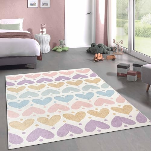 CARPETIA Teppich Kinderzimmerteppich Herzdesign zart weich pflegeleicht Mädchenzimmer 140 x 200 cm