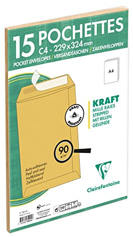 Clairefontaine 75015C - Paquet de 15 Pochettes Kraft Milleraies Brun C4-229x324 mm - Auto-Adhésives - 90g/m²