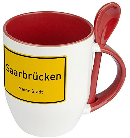 digital print Städtetasse Saarbrücken - Löffel-Tasse mit Motiv Ortsschild - Becher, Kaffeetasse, Kaffeebecher, Mug - Rot