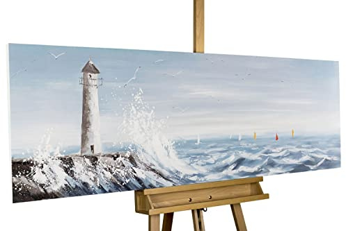 KunstLoft Tableau peinture moderne | 100% PEINT À LA MAIN | 150x50cm | Peinture sur toile 'Phare en vue' | Phare | Bleu Blanc | Deco murale salon