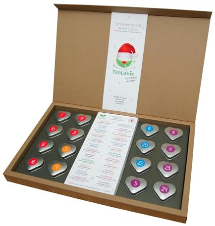 TEALAVIE - Kennenlernen XXL - Winter Edition 2025 | Großes Winter-Weihnachtsset 24 edle Teedosen in nachhaltiger Stülpdeckelschachtel aus Naturpapier | Handmade with love | 220g in 24 Dosen