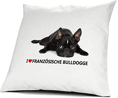 printplanet® Kopfkissen Französische Bulldogge, Kissen mit Füllung I Love Französische Bulldogge, 40 cm, 100% Baumwolle