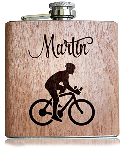 Pixelstudio Radfahrer Holz Flachmann mit persönlicher Namens Gravur | Geschenk für Rad Fans, Mountainbiker und Rad Sportler