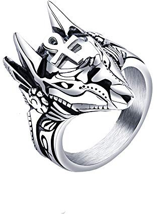 HIJONES Herren Anubis Ankh Kreuz Wächter Ring aus Edelstahl des Alten Ägyptens Silber Größe 57