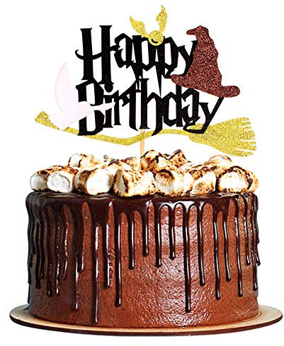 Blumomon 1Pc Glitter Black Magical Wizard Inspired Cake Topper Happy Birthday Cake Topper Pick for Magic Theme Party Supplies …