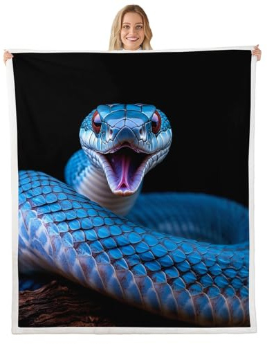 3D Snake Bedding Sets, Reptile Sherpa Fleece Blanket Throw Blanket, Wild Blue Snake Print Soft Blanket Warm Cozy Plush Blanket, Nature Animal Throw Blanket for All Seasons Bed Sofa Throw 50x60