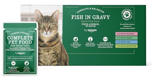 by Amazon Alleinfuttermittel für ausgewachsene Katzen, Fischauswahl in Sauce, 4.8kg (48 Packungen mit 100g)