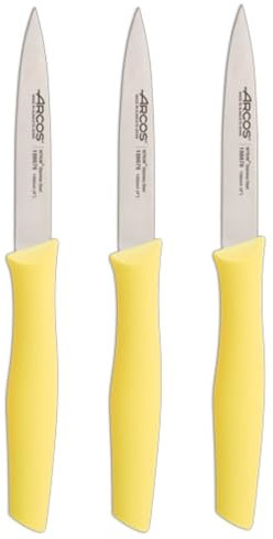 Arcos | Set 3 Cuchillos Mondadores | Cuchillos Arcos | cuchillo de pelar | cuchillos pelar patatas | Acero Inoxidable Nitrum | Hoja de 100 mm | Envase Ecológico | Color amarillo