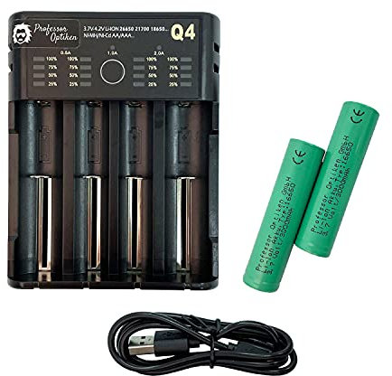 Professor Optiken universal Batterie-Ladegerät/für Lithium-Ionen (Li-Ion) und Nickel-Metall Akkus (NI-MH), 0,5-2A, 4er/4-fach - inkl. 2er-Set / 2X Akku - Typ: 16650, 3,7 Volt mit 2500 mAH | Yonii Q4